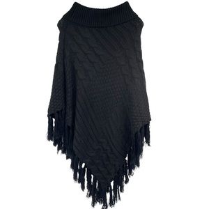 Women's Poncho Sweater Turtle Neck Knitted Pull Over Shawl Fringe Black